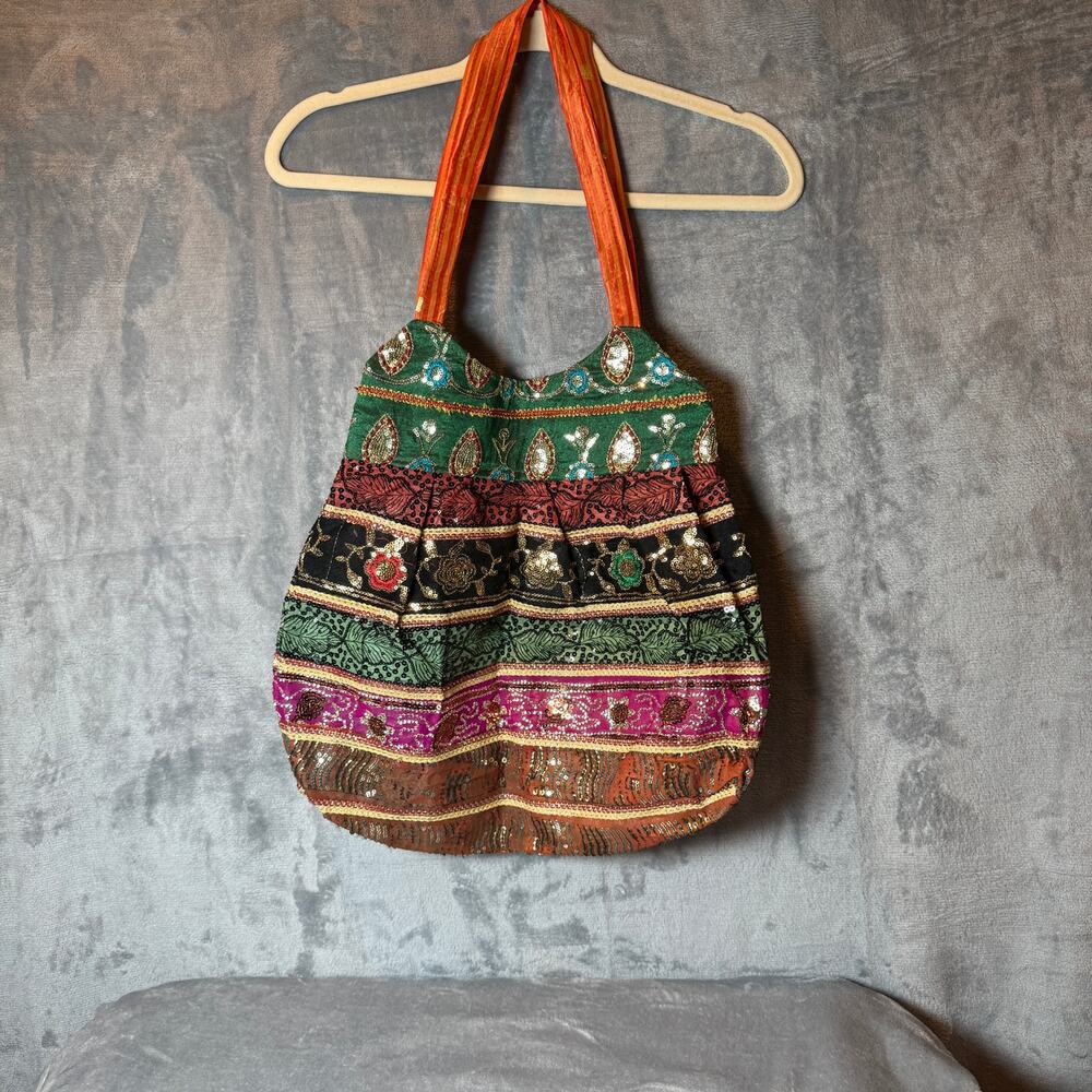 Boho Indian Style Embroidered Sequin Patchwork Shoulder Tote Bag Multicolor